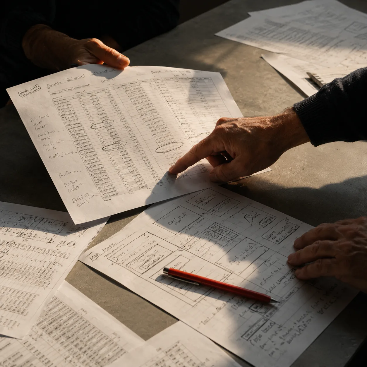 Manos señalando una cifra sobre papeles de trabajo